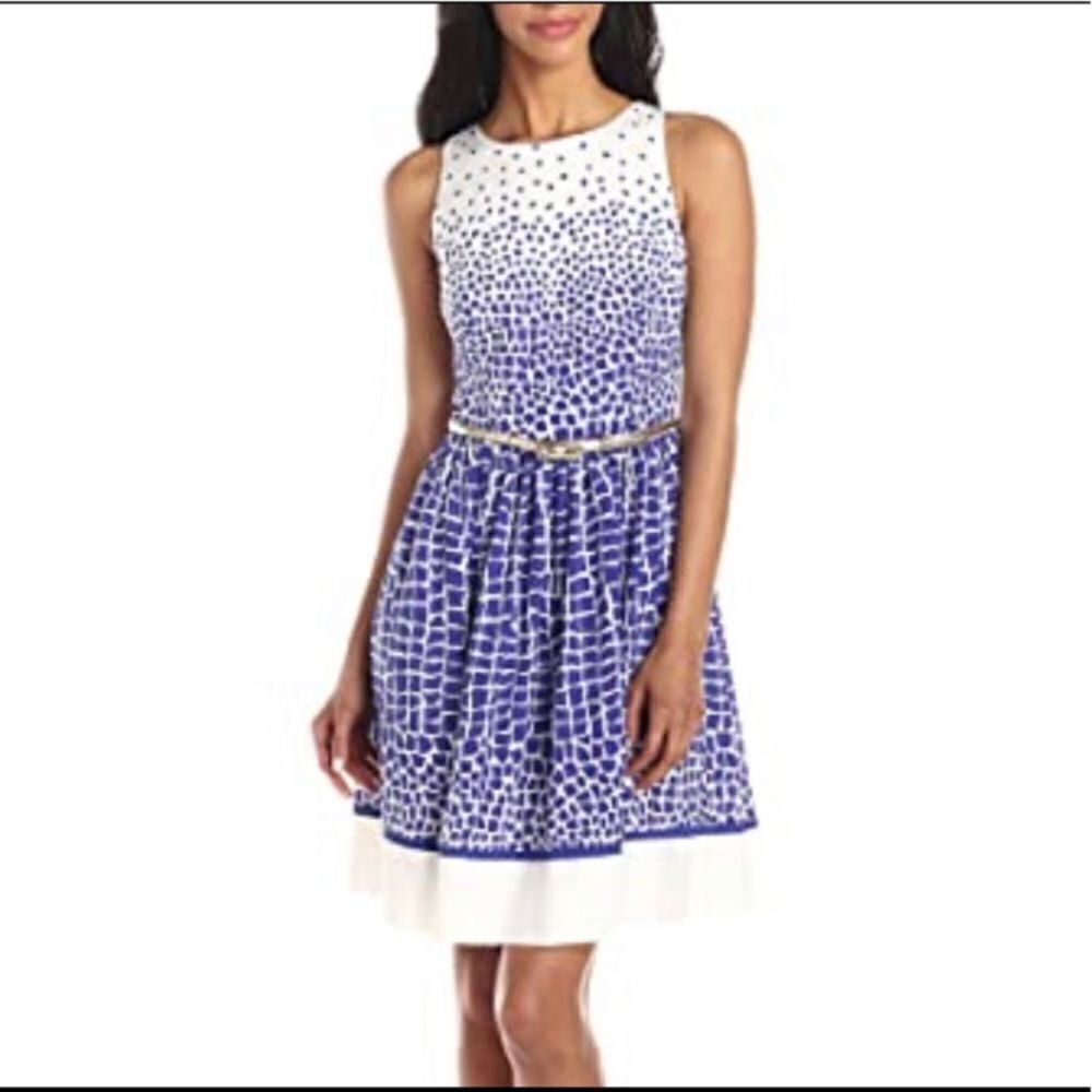 Eliza J Blue & White Multi Print Design Keyhole Dress Feminine Party Event